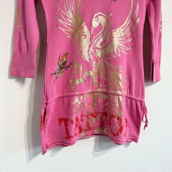 Ed Hardy Hooded tunic top pink tattoo Phoenix jersey knit 3/4 sleeves - Picture 5 of 17